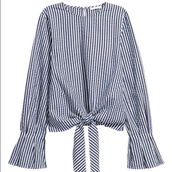 H&M Tops - Women’s H&M Blue White Stripe Long Bell Sleeve Tie Front Top Sz 4 Small